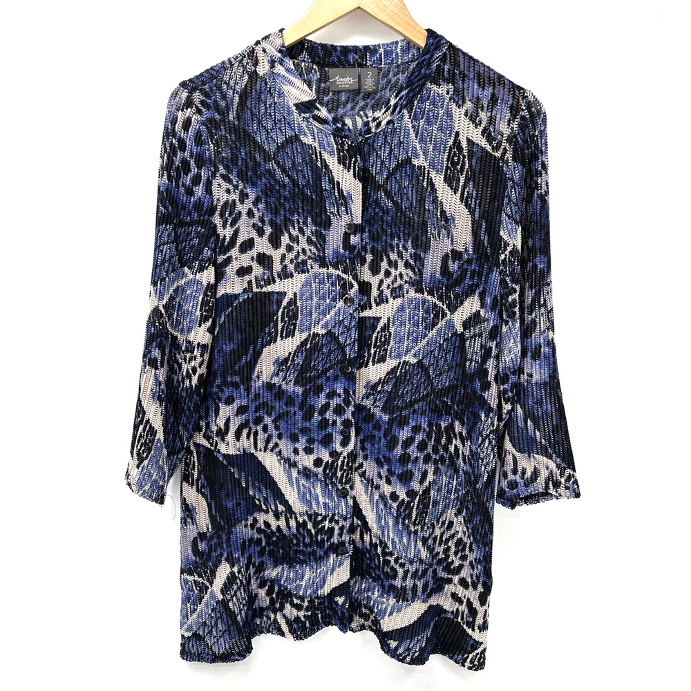 Chico's Travelers Blouse Womens Large Geo‎ Leopard Jacket Blue Cream Artsy